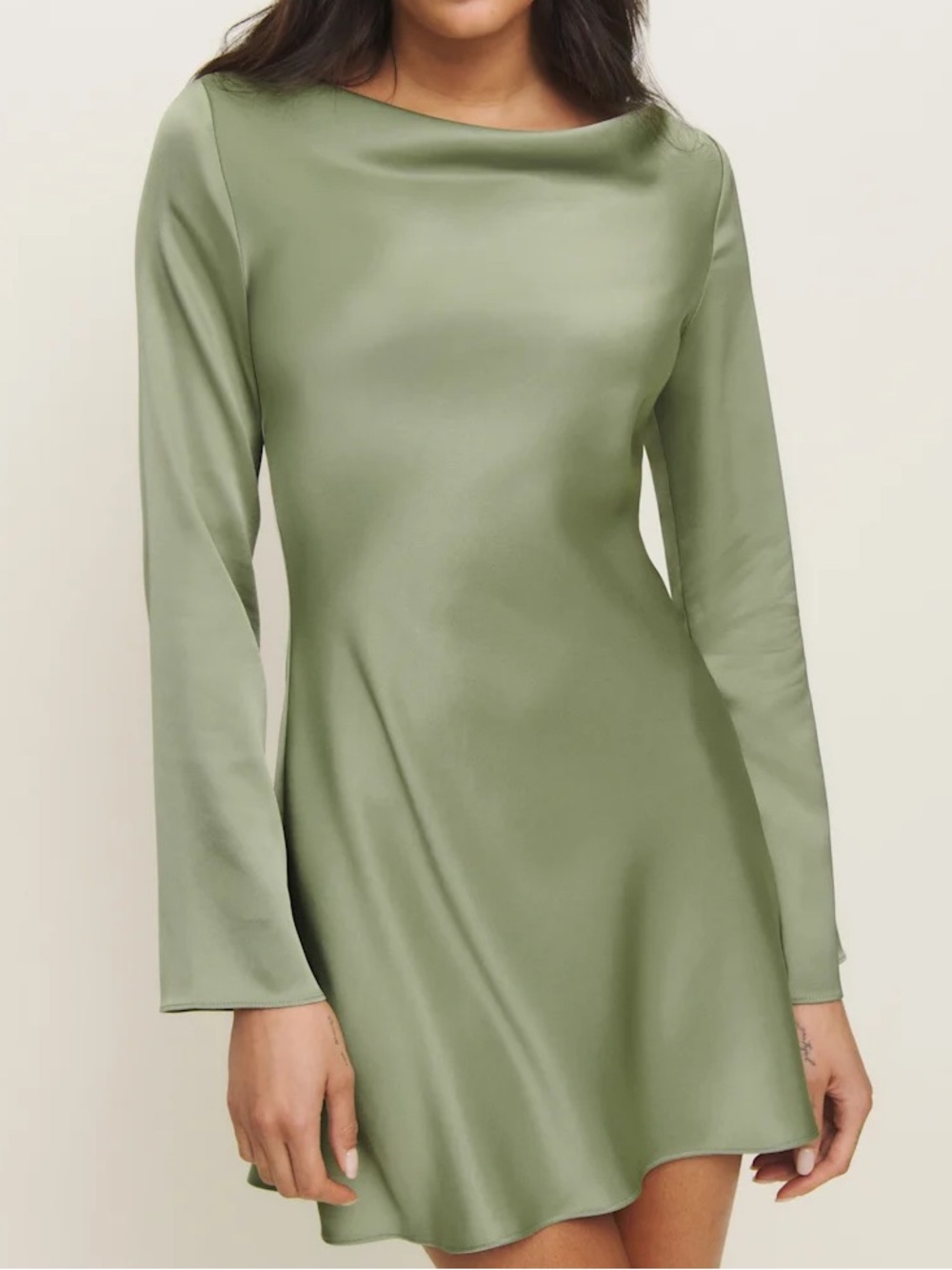 Reformation Pike Satin Long-Sleeve Mini Dress in Artichoke